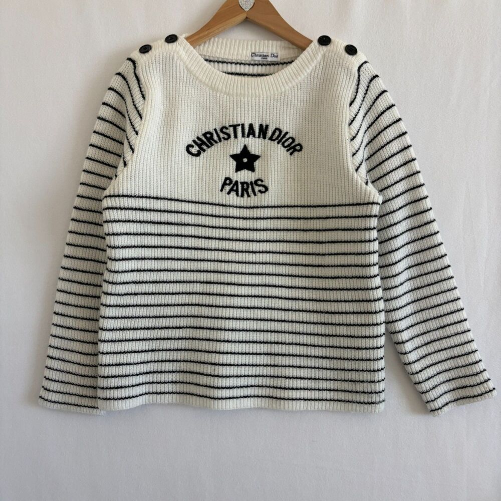 Designer Inspired Sweater Womens Medium Ivory/Black Striped